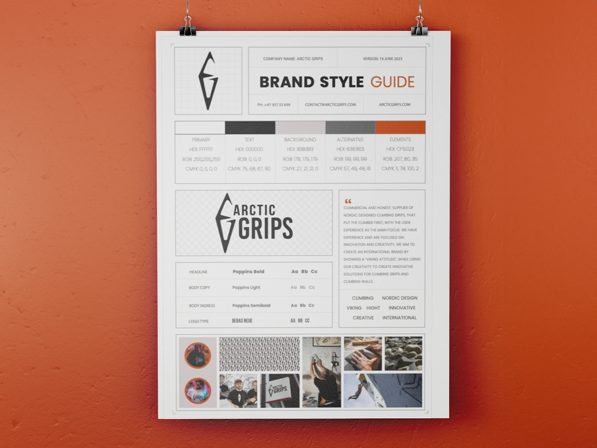 Arctic Grips Brand Style Guide hengt i klyper mot oransje bakgrunn