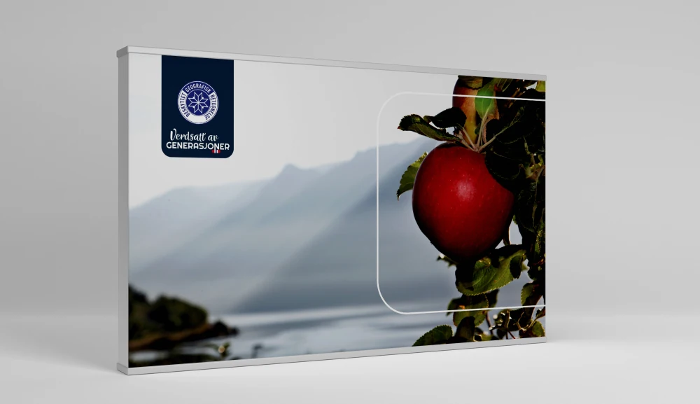 Mockup av messevegg med landskap, Hardangereple og den nasjonale profilen
