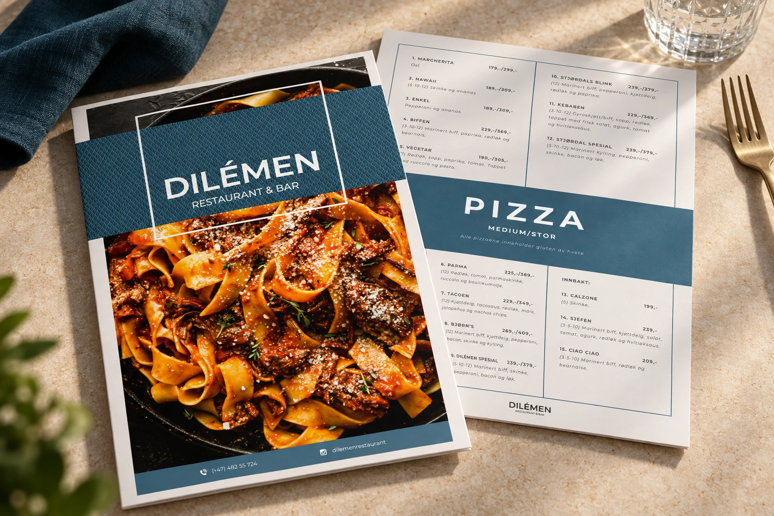 Mockup av Dilémens restaurantmeny på et dekket bord