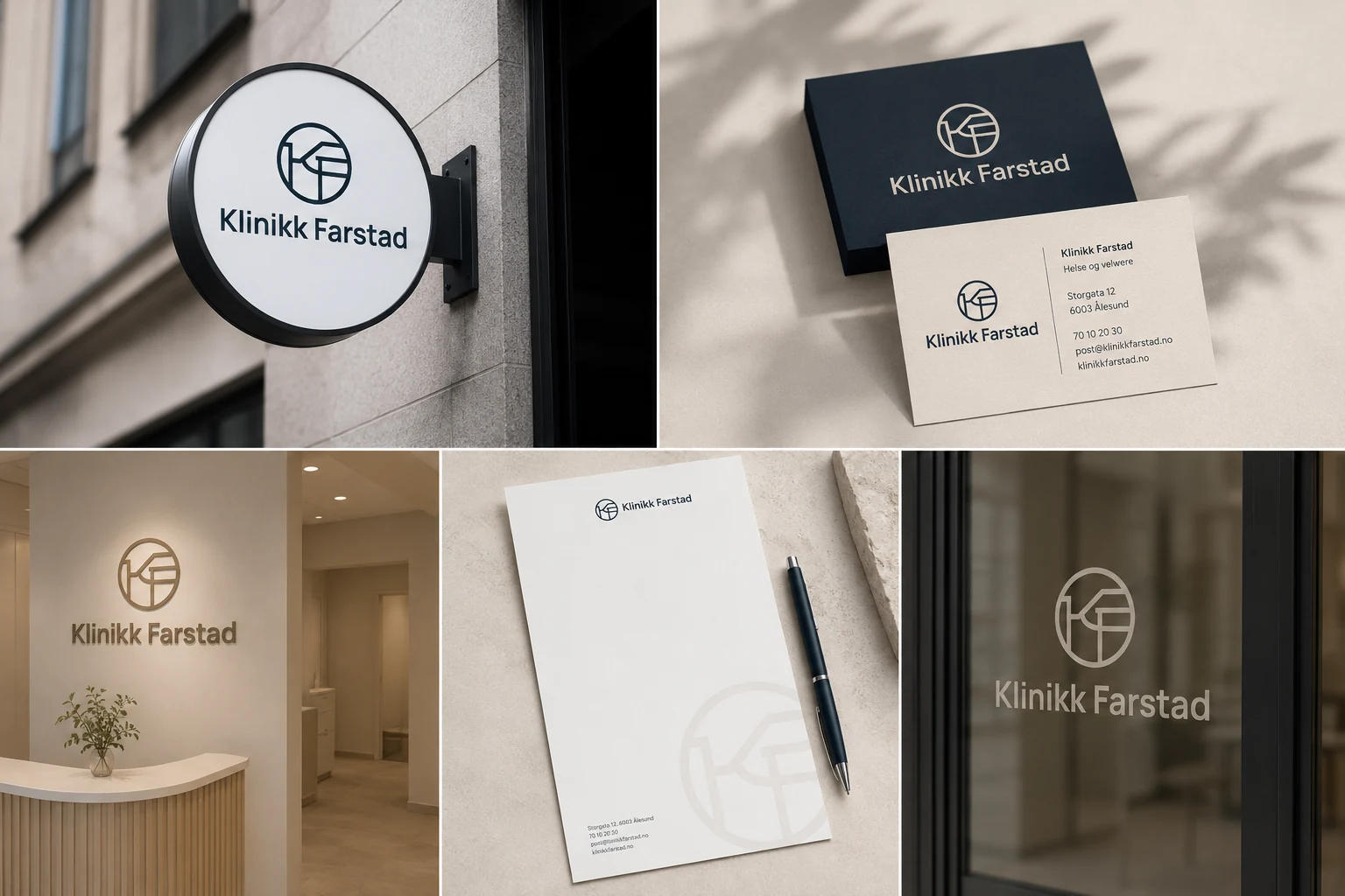 Mockuper av Klinikk Farstad på skilt, visittkort, brevark og glassflate